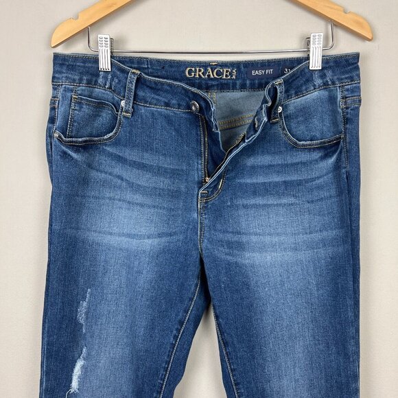 Grace In LA Easy Fit Jeans Womens 31 Blue Stretch Denim Distressed Cropped Capri - Picture 5 of 16